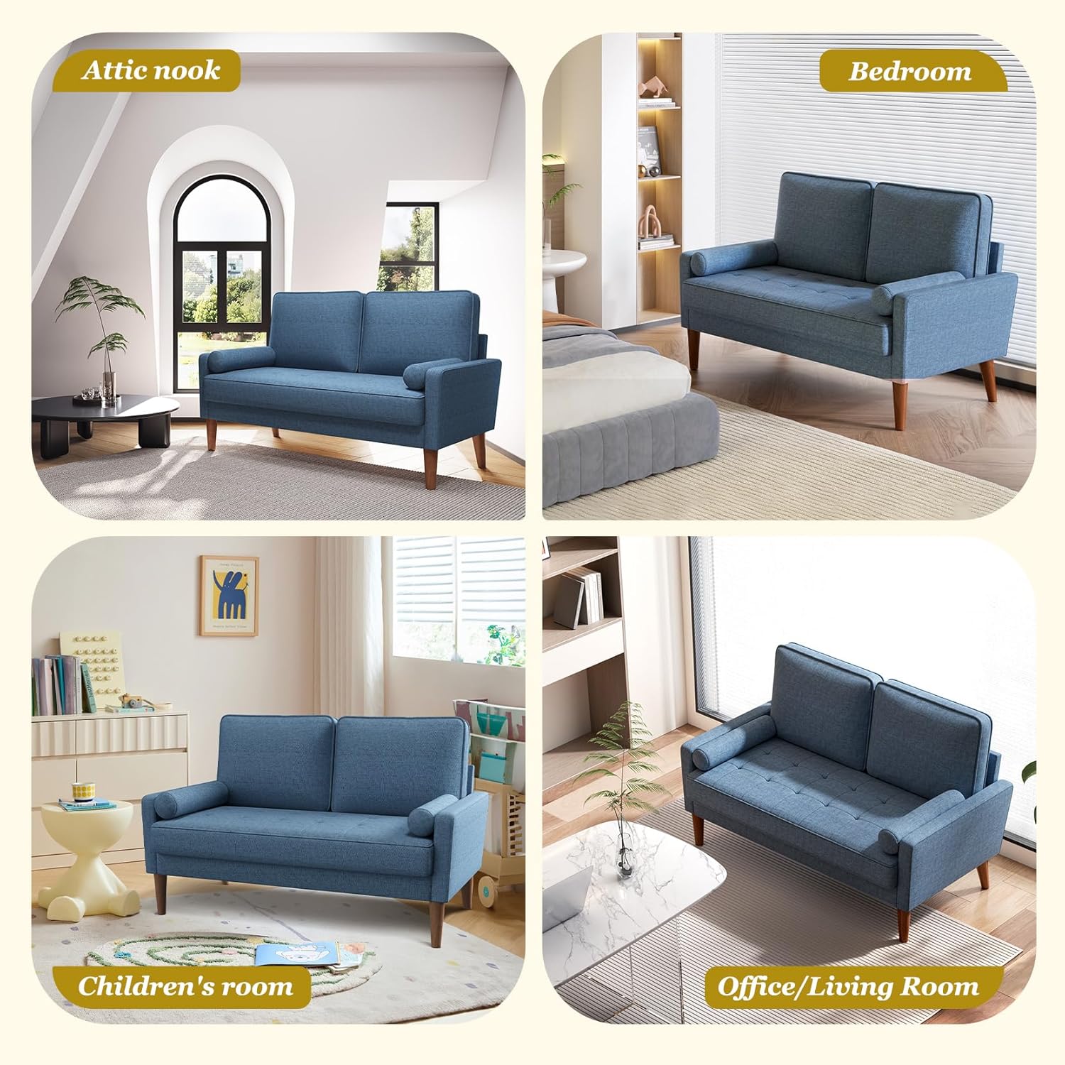 Vesgantti Loveseat Sofa with Solid Wood Legs, 48' Small Couches for Small Spaces, Love Seat for Living Room, Bedroom, Easy Assembly Mid Century Modern Couch with Throw Pillow for Apartment, Blue