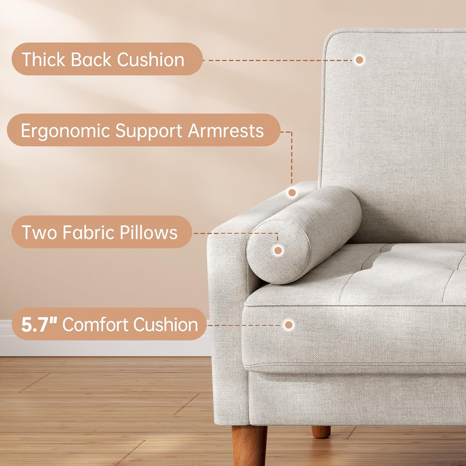 Vesgantti Loveseat Sofa 48' Small Couches for Small Spaces, Love Seat for Living Room, Bedroom, Easy Assembly Mid Century Modern Couch, Beige | Solid Wood Legs