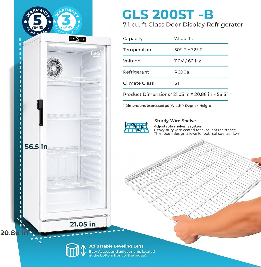 GRS Commercial Display Refrigerator with Glass Door Lock | Cool Air Flow & Temperature | Beverage fridge, Drink and Wine Cooler with Adjustable Display Shelf for Stores and Bars | Silver, 7.1 Cu. Ft