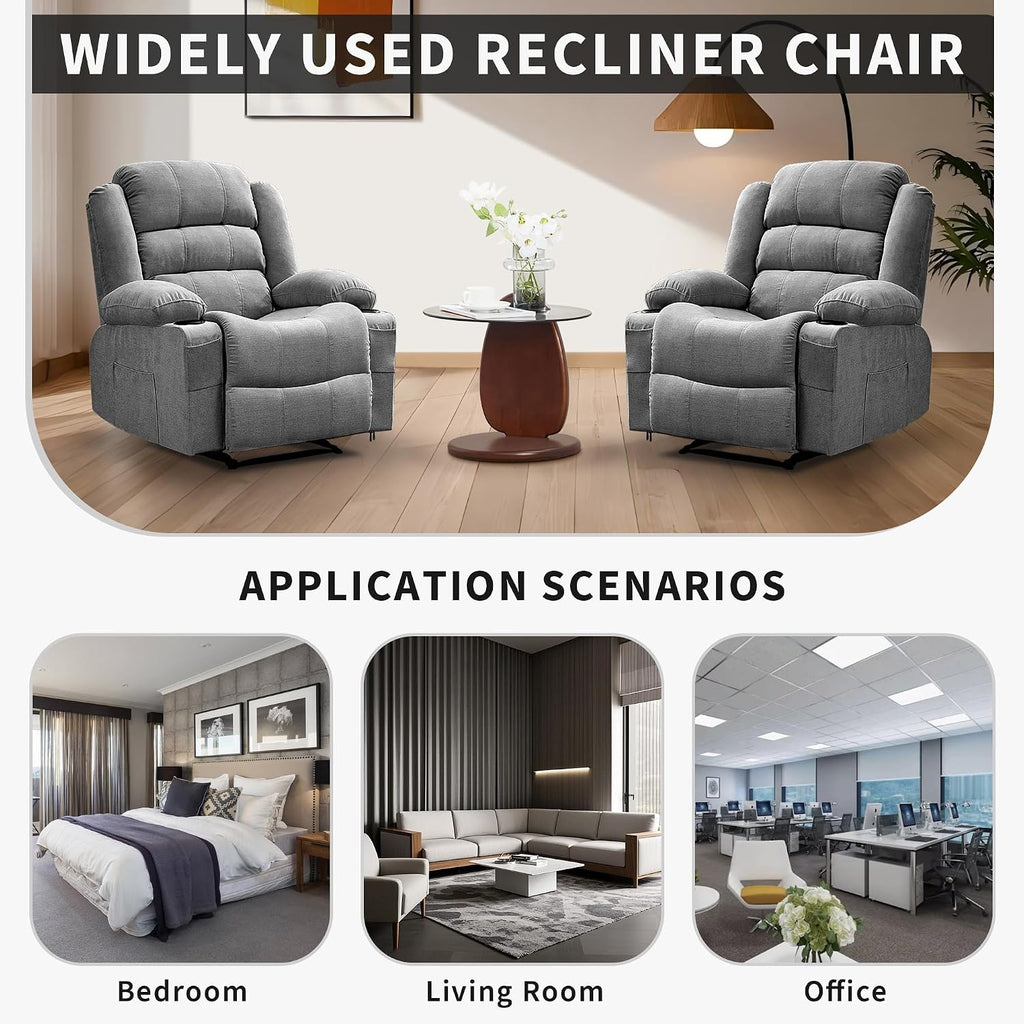 GarveeHome Large Recliner Chair for Adults Manual Pull Tab Reclining Chair with Cup Holders 3-Position Recliner Sofa for Living Room Overstuffed Single Sofa Chair Supports 350 Lbs