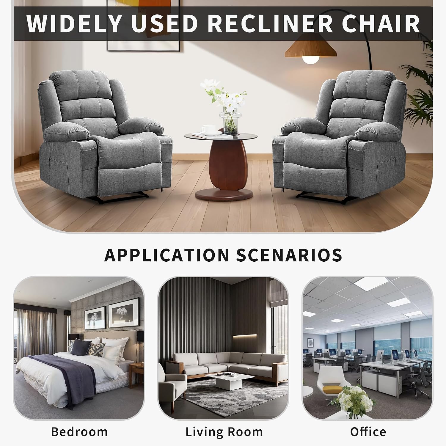 GarveeHome Large Recliner Chair for Adults Manual Pull Tab Reclining Chair with Cup Holders 3-Position Recliner Sofa for Living Room Overstuffed Single Sofa Chair Supports 350 Lbs