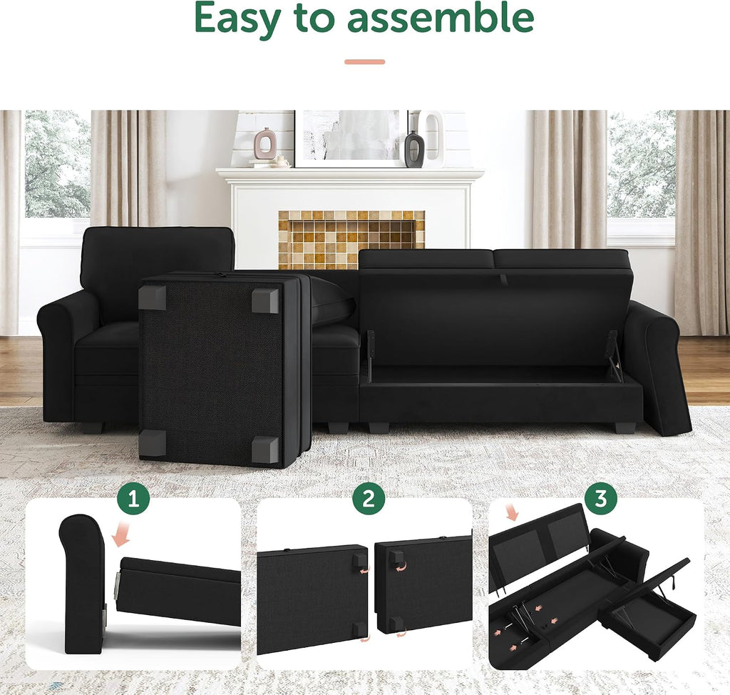 HONBAY Sectional Sofa with Storage Seat Velvet U Shaped Sectional Couch with Reversible Chaise Convertible Sectional Couches for Living Room,Black
