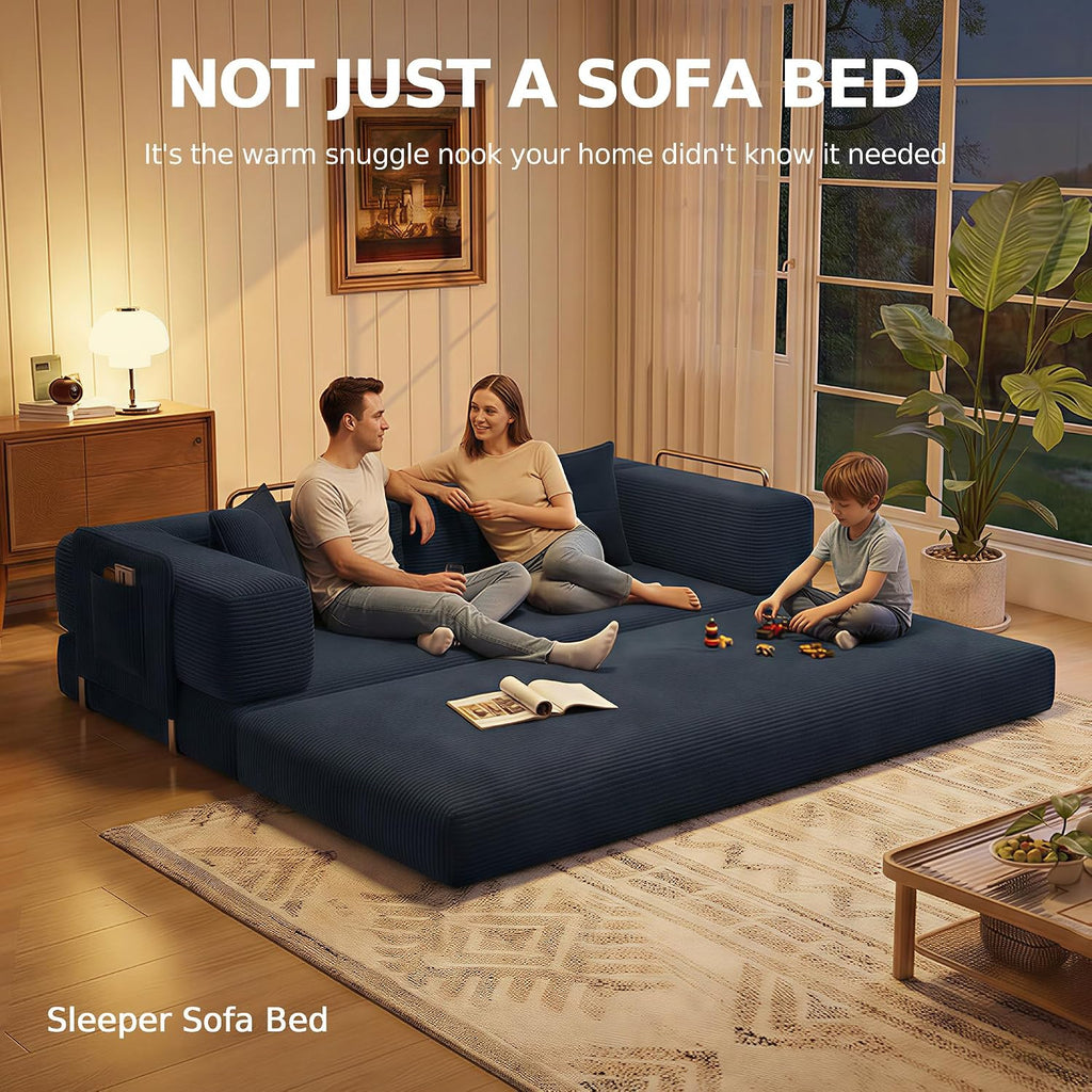 MoonSpeak 78.8''Sleeper Couch Bed for Livingroom,Convertible Modular Sofa with Armrest Pillow,Modular Foldable Corduroy Couches in a Box,No Assembly (Blue)