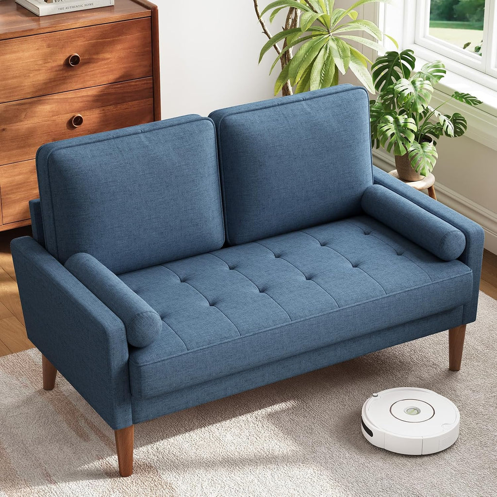 Vesgantti Loveseat Sofa with Solid Wood Legs, 48' Small Couches for Small Spaces, Love Seat for Living Room, Bedroom, Easy Assembly Mid Century Modern Couch with Throw Pillow for Apartment, Blue