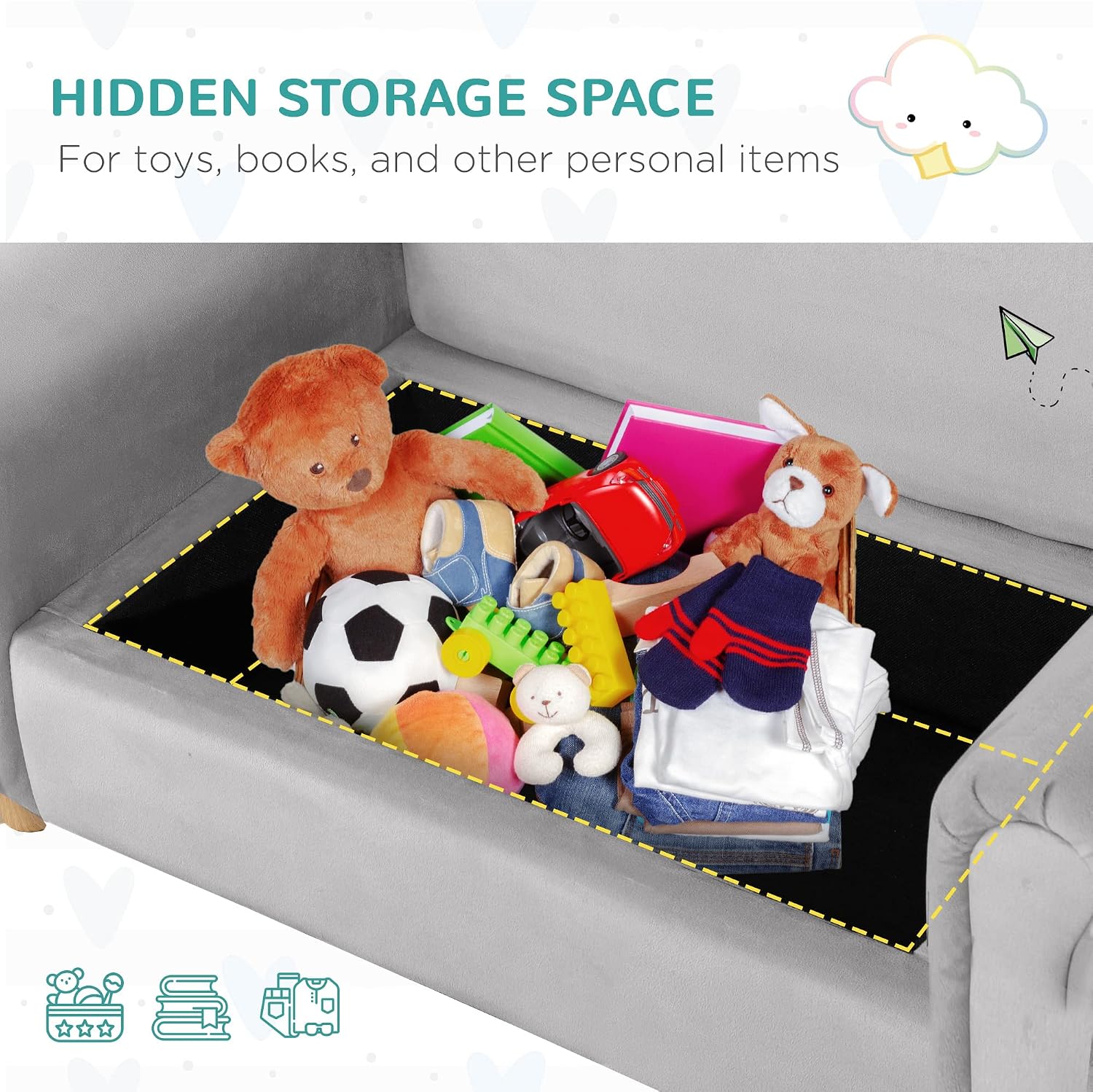 Qaba Ergonomic Foam Kids Sofa with Inner Toy Storage Chest, Velvet Kids Couch with Soft Arms, Children's Lounge Furniture, Gray