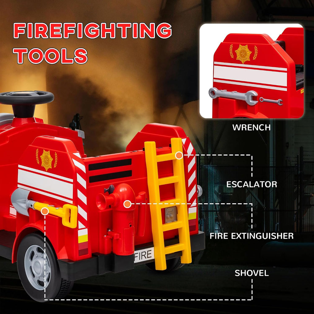 Qaba 12V Ride on Fire Truck, Battery Powered Electric Car for Kids with Siren, Flashing Lights, Fire Extinguisher, Shovel, Wrench, Ladder, Soft Start, Horn Music and, Red