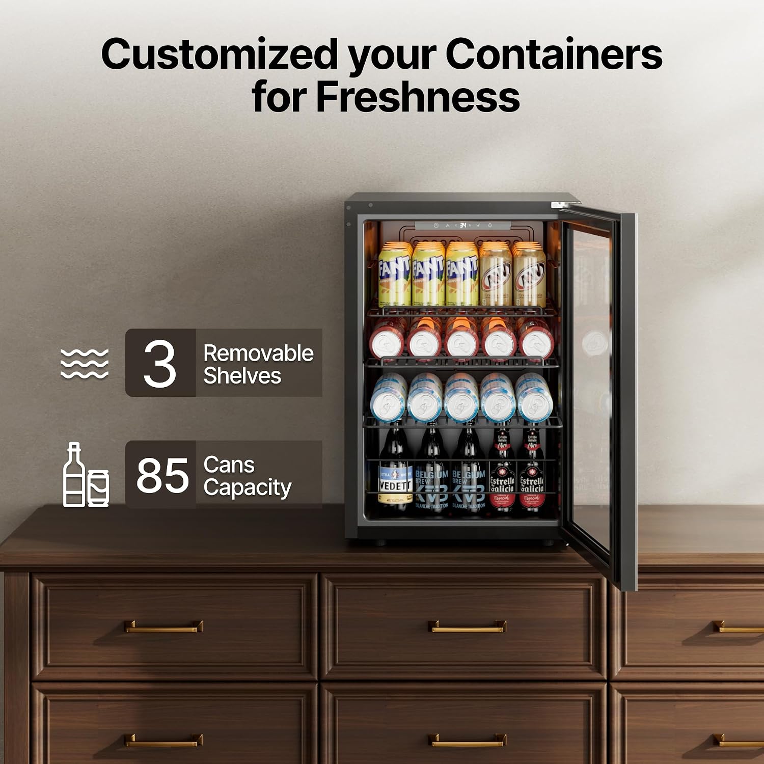 Ca'Lefort Mini Fridge Beverage Cooler, 85 Can Beverage Refrigerator with Reversible Glass Door, Adjustable Shelves for Soda, Beer & Drinks, Digital Temperature Control for Dorm, Office & Home