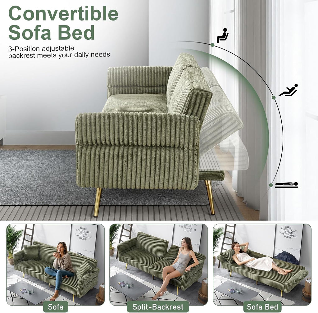 Rovibek Futon Sofa Bed, Convertible Futon Couch Bed with Adjustable Backrest, 2 Pillows, Corduroy Loveseat Futon for Small Spaces, Living Room, Apartment, Office, Green