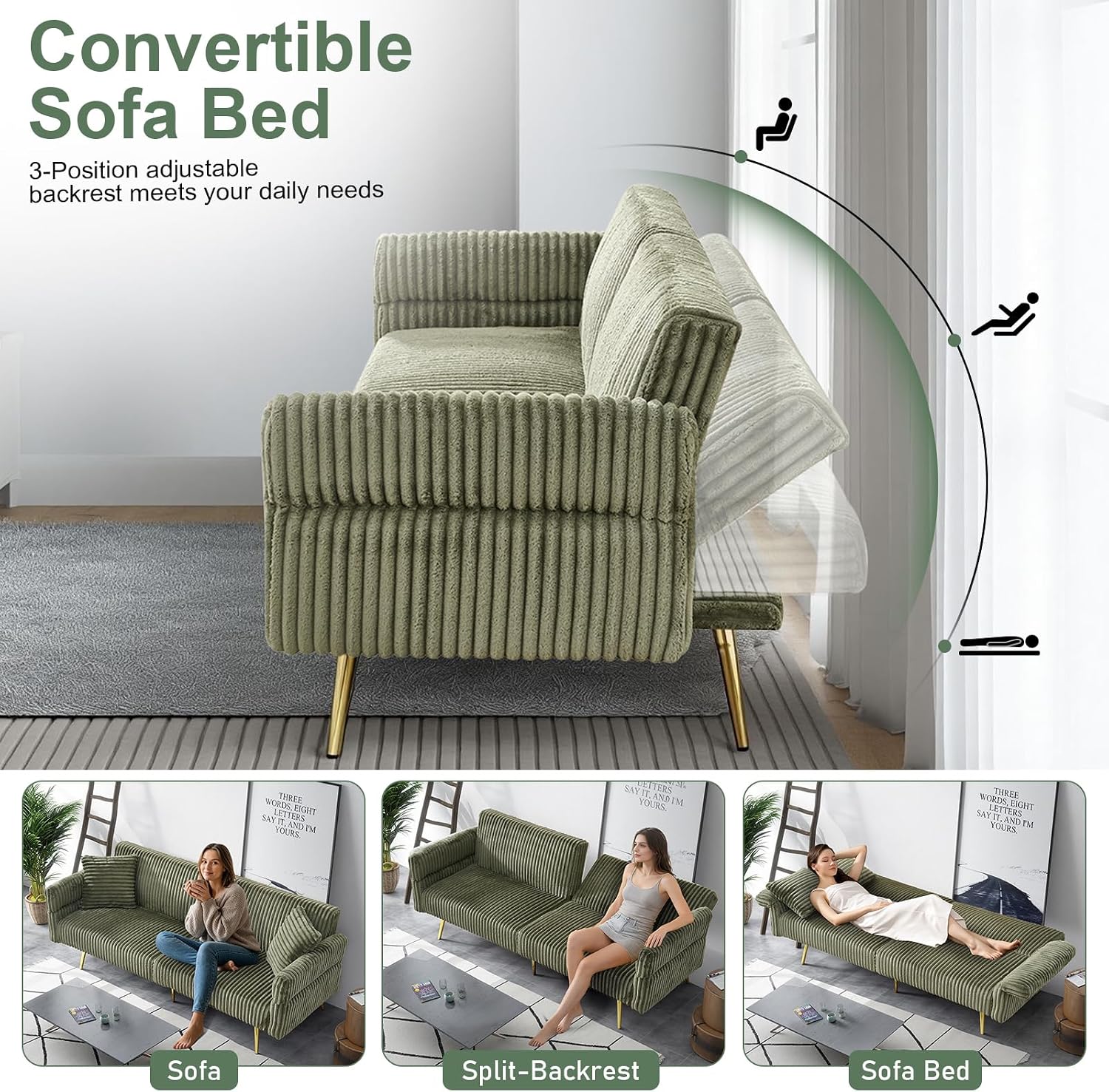 Rovibek Futon Sofa Bed, Convertible Futon Couch Bed with Adjustable Backrest, 2 Pillows, Corduroy Loveseat Futon for Small Spaces, Living Room, Apartment, Office, Green