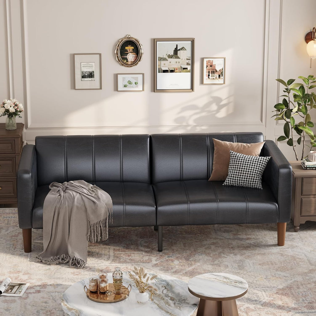 GarveeHome Futon Sofa Bed, 75-Inch Modern Faux Leather Convertible Couch, Mid-Century Loveseat for Small Space, Living Room, Bedroom, Black