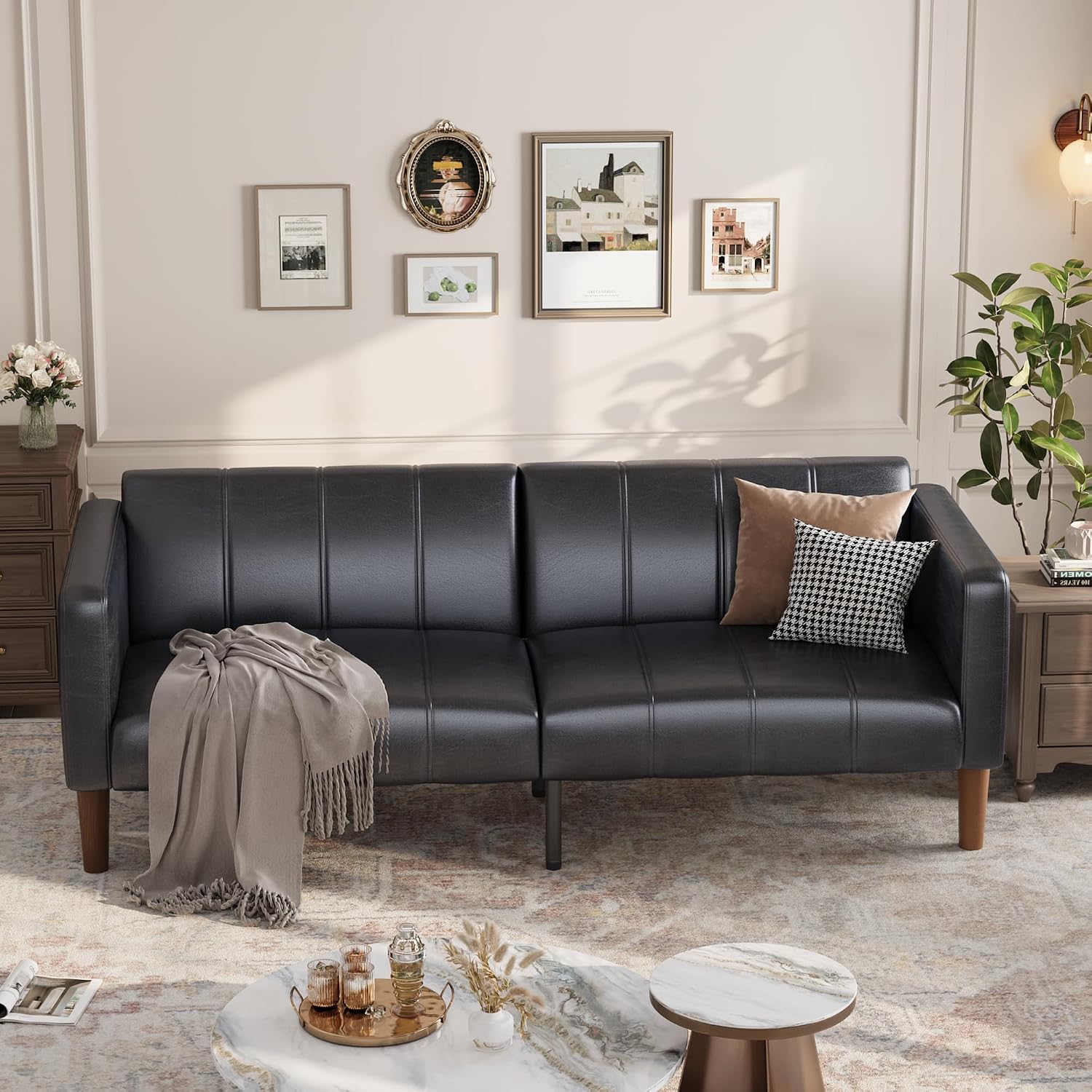 GarveeHome Futon Sofa Bed, 75-Inch Modern Faux Leather Convertible Couch, Mid-Century Loveseat for Small Space, Living Room, Bedroom, Black