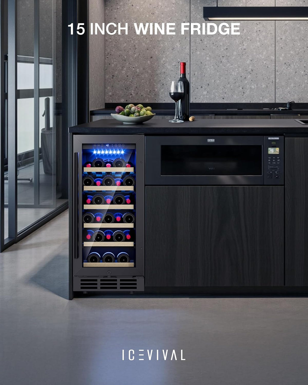 15 Inch Under Counter Wine Fridge, 29 Bottles Wine Cooler Refrigerator with Double-Layer Glass Door, Small Wine Fridge for Built-In or Freestanding with Removable Shelves, for Home, Office (Black)