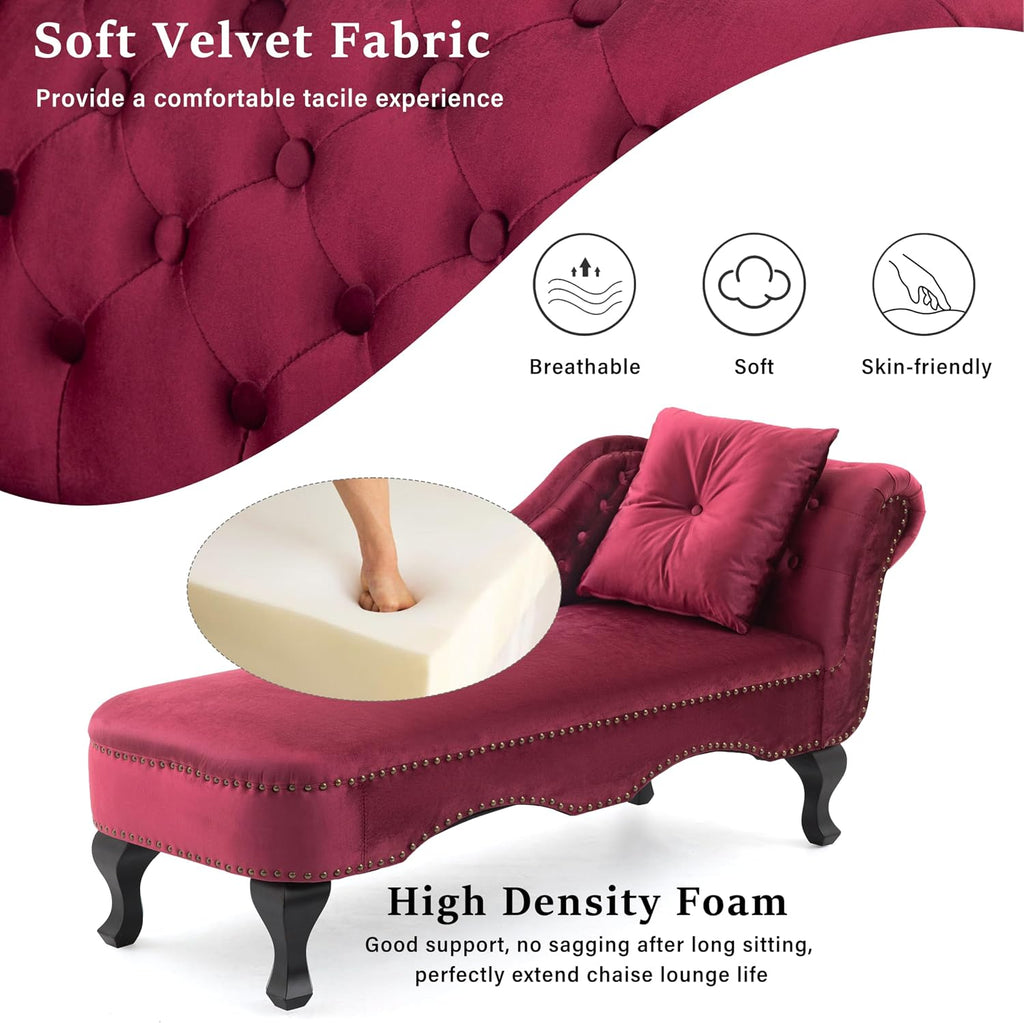 Merax 62'' Velvet Chaise Lounge Indoor with 1 Pillow and Nailhead Trim, Button Tufted Design Reclining Chair with Scrolled Backrest, Sleeper Sofa for Bedroom, Living Room or Office,