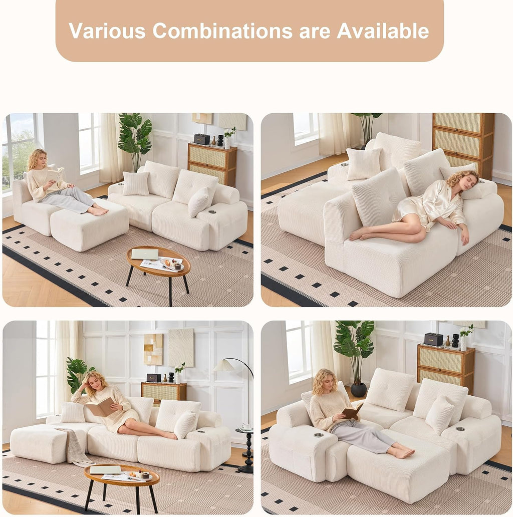 118' Modular Sectional Sofa with Cup Holders, Modern Boneless Sectional Couch with Side Storage Pockets and Movable Ottoman, Oversized L-Shape Couch for Living Room Bedroom, Apartments, White