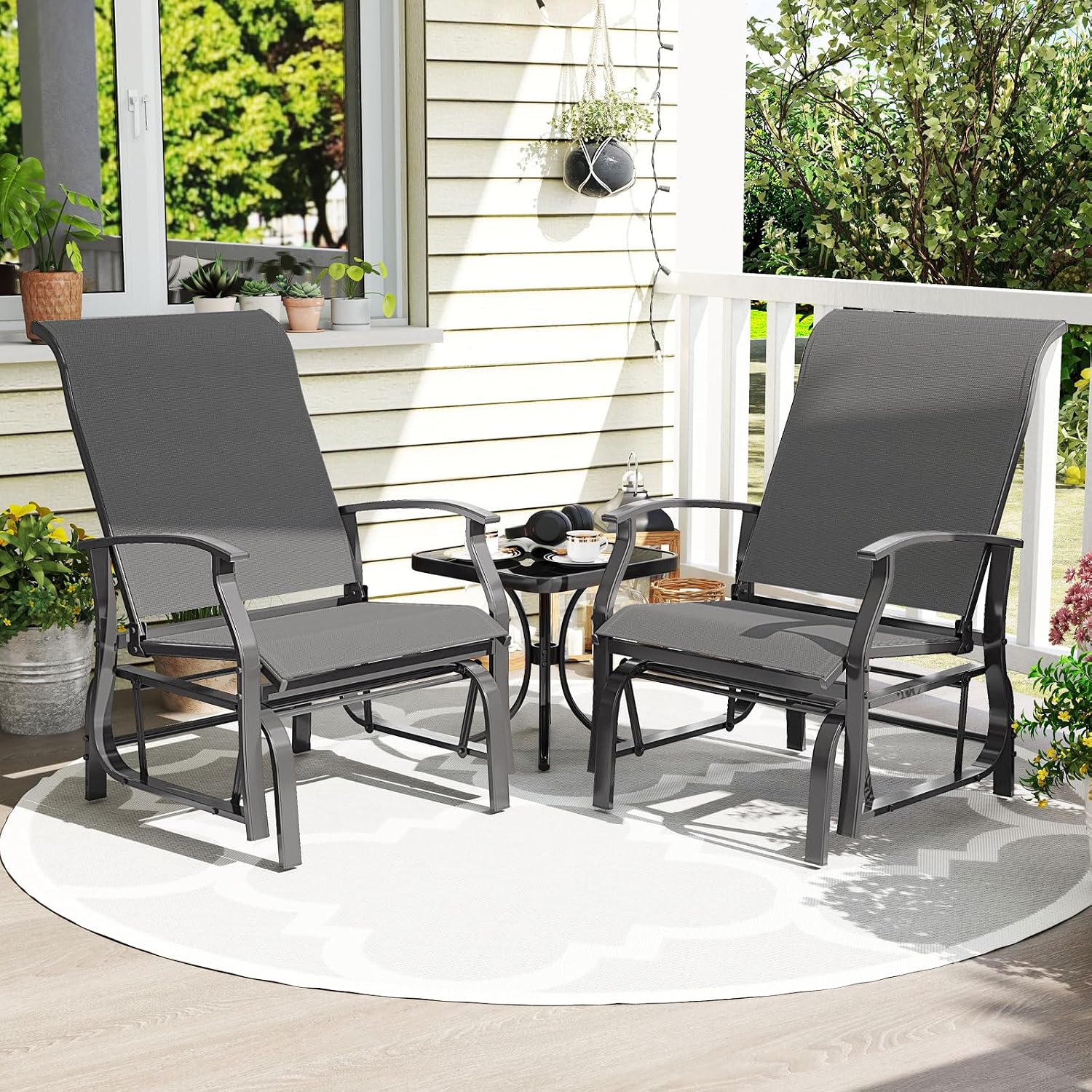 Tangkula Porch Gliders Set of 2, Outdoor Swing Glider Chairs with High Back, Breathable Mesh Fabric and Metal Frame, Patio Rocking Chairs for Backyard Garden Balcony Poolside (Grey)