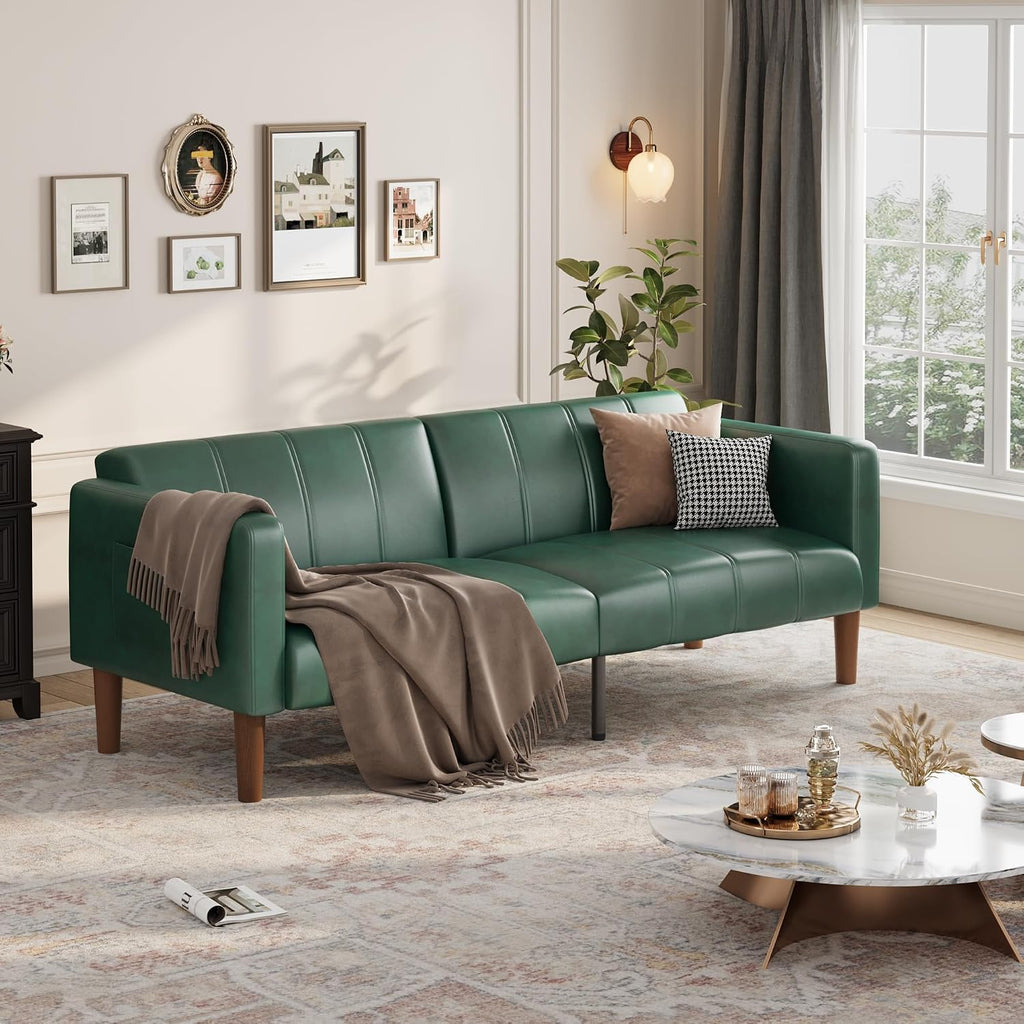 GarveeHome Futon Sofa Bed, 75-Inch Modern Faux Leather Convertible Couch, Mid-Century Loveseat for Small Space, Living Room, Bedroom, Green