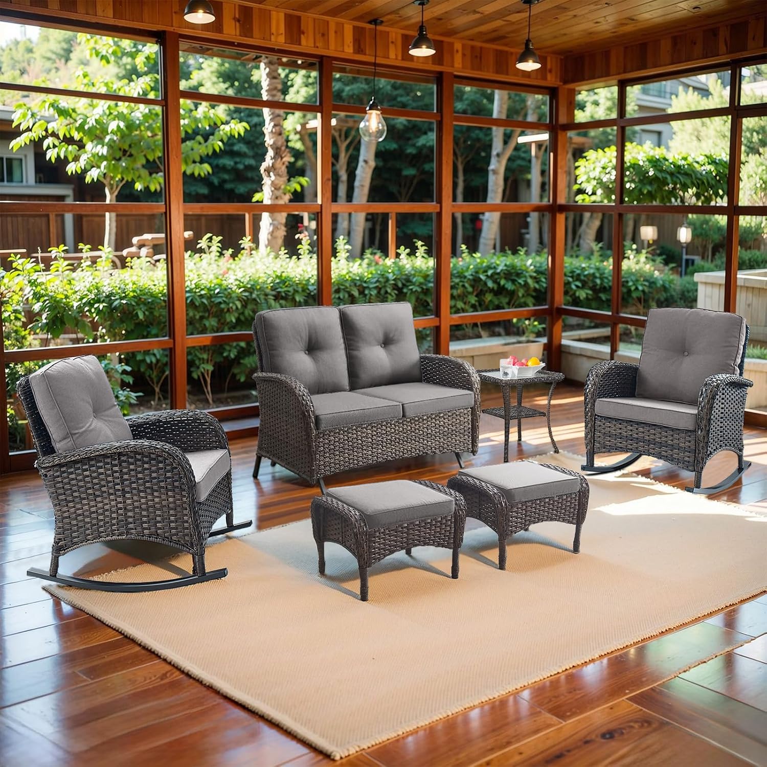 Belord 6 Pieces Outdoor Patio Furniture Set with Wicker Rocking Chairs, Rattan Patio Conversation Set with Glider Loveseat Ottomans and Side Table Brown/Grey