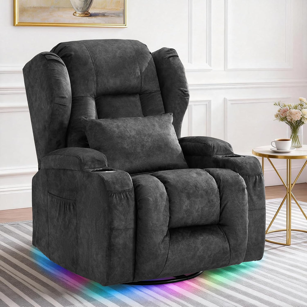 TUNYI Power Recliner Chair - Velvet Home Theater Seating Glider Reclining Sofa with Massage & Heat Swivel Rocker Recliner Chair for Living Room with LED Light/USB Port/Lumbar Pillow (VelGrey)
