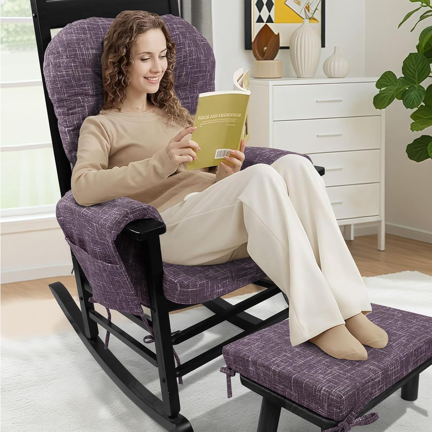 SINOSSO Glider Rocker Cushion Set (5 Pcs), Soft Blended Fabric High-Density Support Foam Seat Cushions with Ties, Fits Rocking Chair/Nursery Glider & Ottoman, Purple