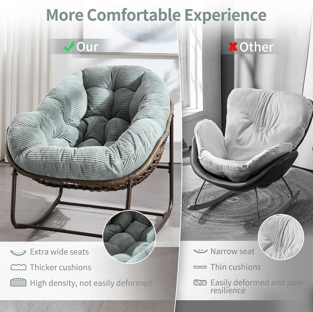 HOMEFUN Outdoor Patio Rocking Chairs, Oversized Papasan Rock Chair Indoor with Striped Velvet Padded Cushion - Rocker Egg Seat for Front Porch, Garden, Patio, Backyard Green