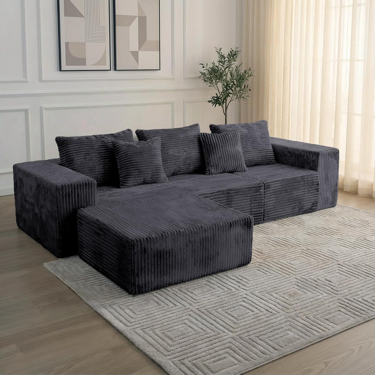 Sytopia 109' L-Shaped Cloud Couch, Modular Sectional Sofa with Deep Seat for Living Room Bedroom, Modern Floor Couch Corduroy, Comfy Sleeper Futon Sofa Bed 40D Foam Furniture, Left Facing