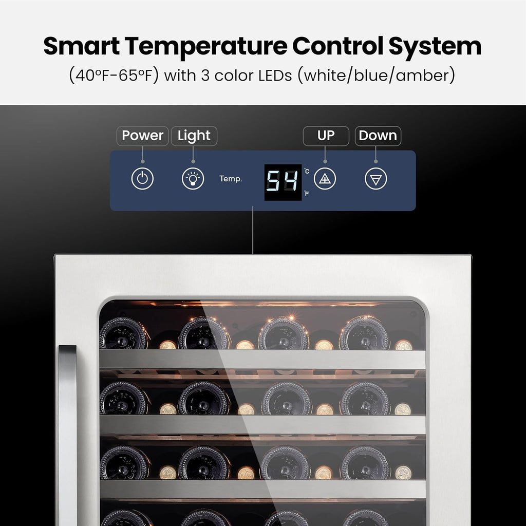24 inch Wine Fridge Cooler 54 Bottles 40-65 ℉ Wine Refrigerator with Glass Door 3 LED, Built in Freestanding or Under Counter Fridge Seamless Frame for Home Bar Office 5.65 cu.ft.