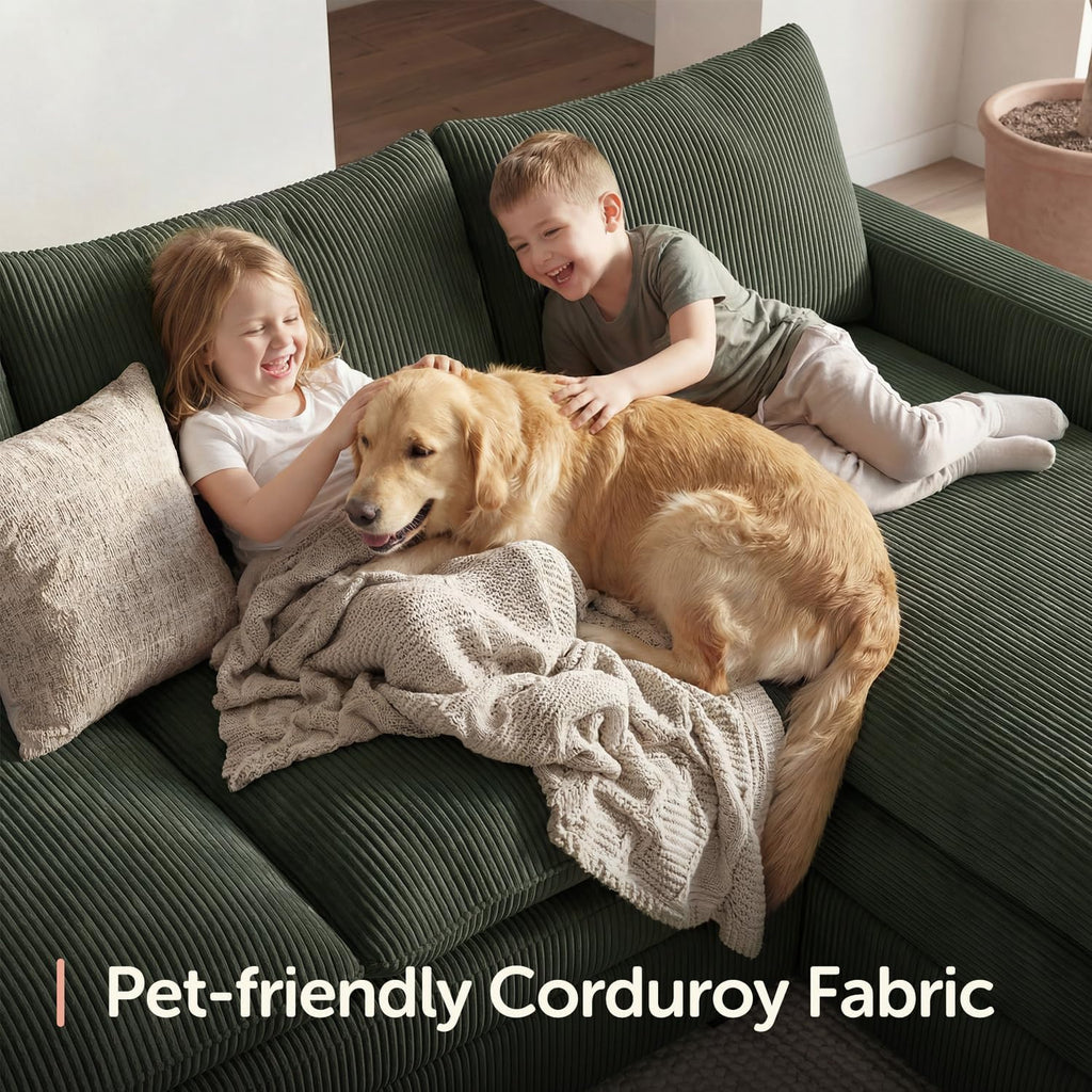 HONBAY 127.2 Inch Corduroy Cloud Modular Sectional Sofa with Chaise, Deep Seat U-Shaped Couch with Storage for Living Room, Apartment, Small Space,Green