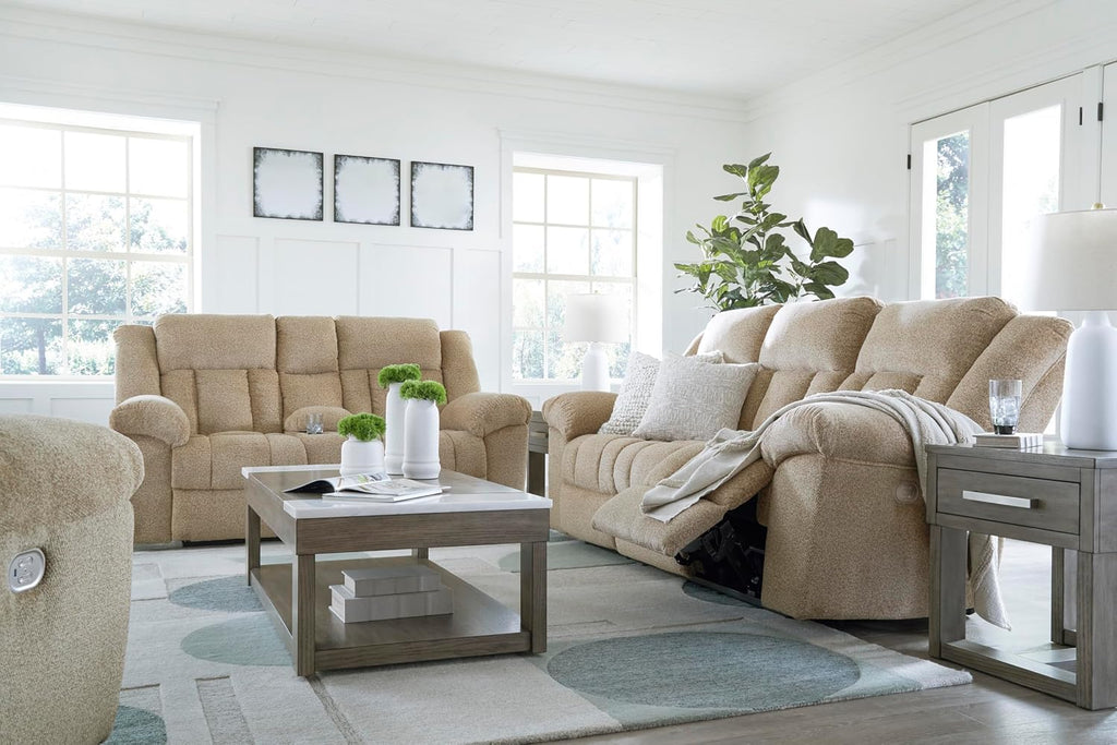 Signature Design by Ashley Tip-Off Classic Wall Hugger Power Reclining Loveseat with Adjustable Headrest, USB Ports, Storage and Cup Holders, Light Brown