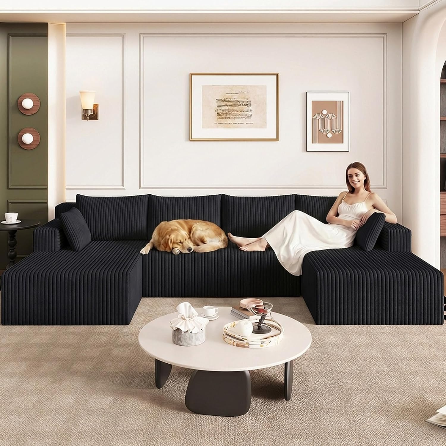 124' Modular Sectional Sofa, Modern Corduroy Cloud Couch with Deep Seat, Boneless Couch Upholstered 4-Seater U-Shaped Sofa for Living Room, No Assembly Required (Black)