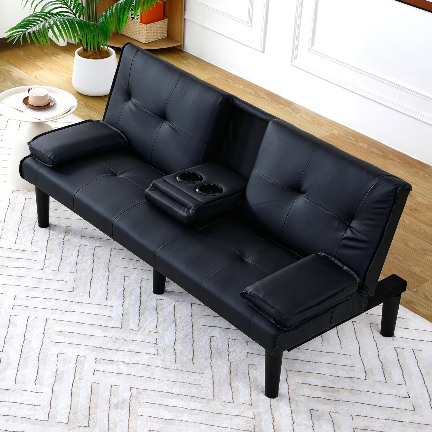KEIKI 3 in 1 Convertible Sleeper Sofa Bed, PVC Loveseat with Cup Holder, Foldable Futon Sofa Bed for Living Room, Guest Room, Dorm, Black