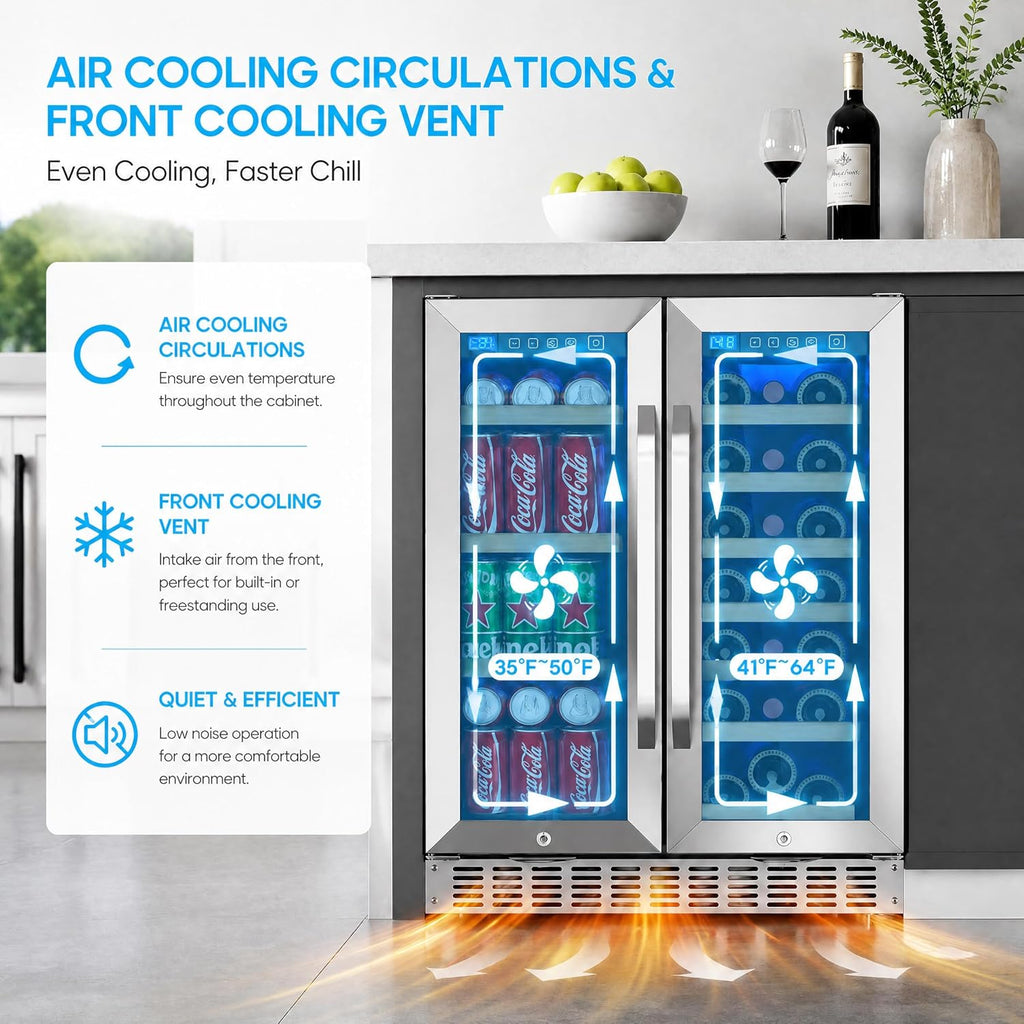 24 Inch Wine and Beverage Refrigerator with Glass Door, Dual Zone Wine Fridge Under Counter - 21 Bottle and 60 Can Large Capacity LED Blue Light Smart Fast Cooling Wine Cooler Drink Fridge
