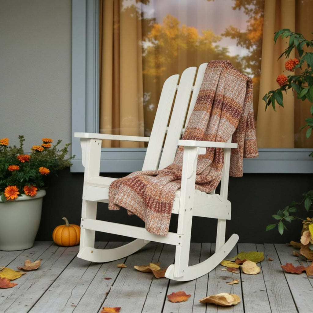 Shine Company Marina Adirondack Porch Rocker, Indoor Outdoor Wood Rocking Chair, Eggshell White