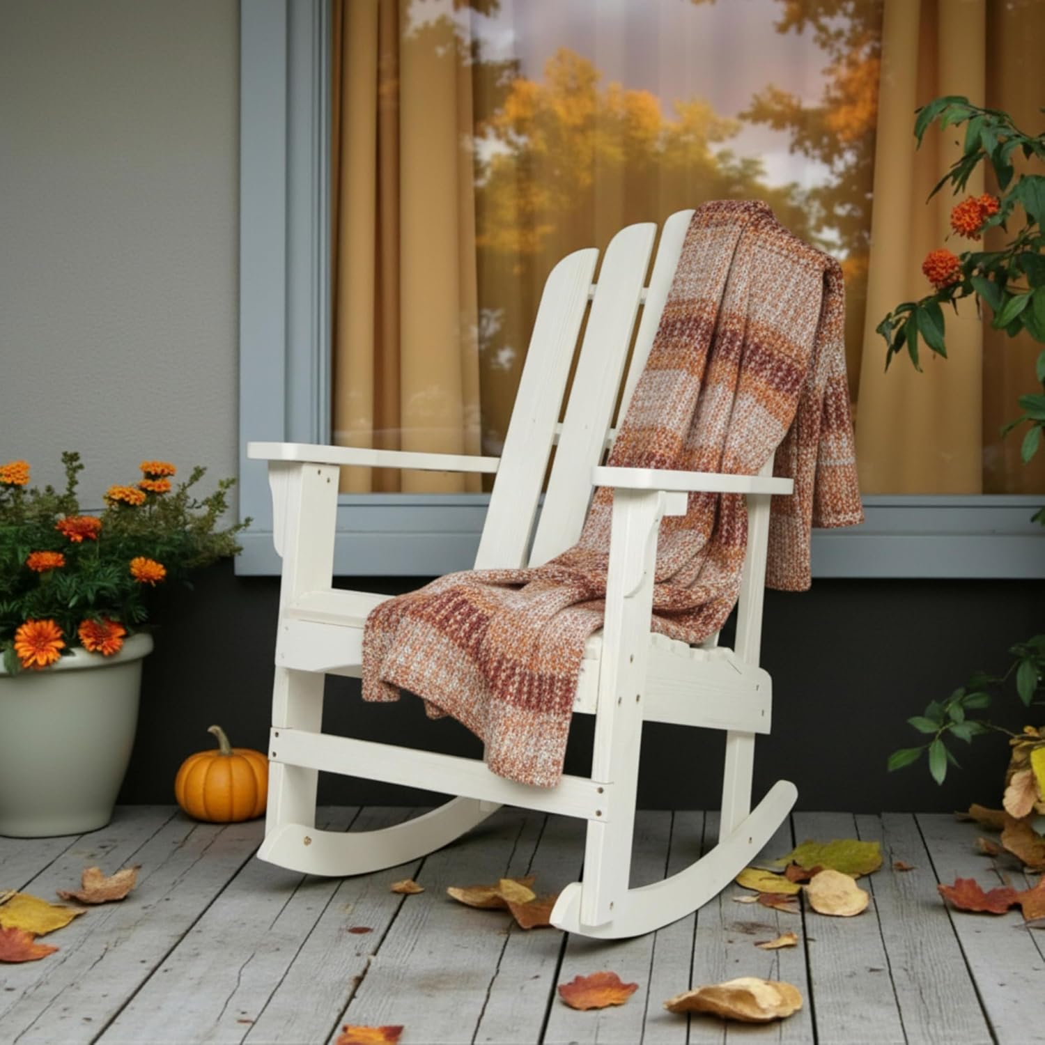 Shine Company Marina Adirondack Porch Rocker, Indoor Outdoor Wood Rocking Chair, Eggshell White