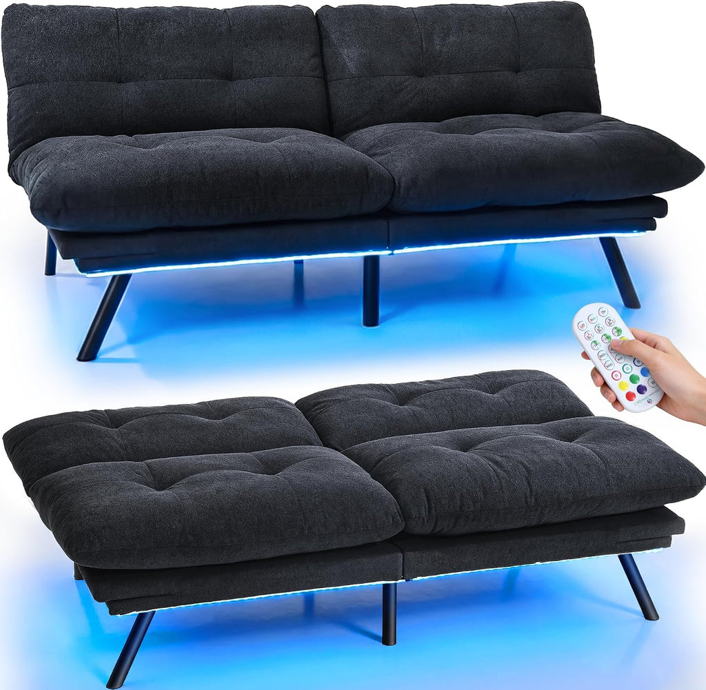 YITAHOME Convertible Futon Sofa Bed with Adjustable 3 Color Light Strip, 70' Folding Futon Set for Living Room Home Office Aprtment, Modern Futon Couch with Adjustable Backrest & Armrests, Black