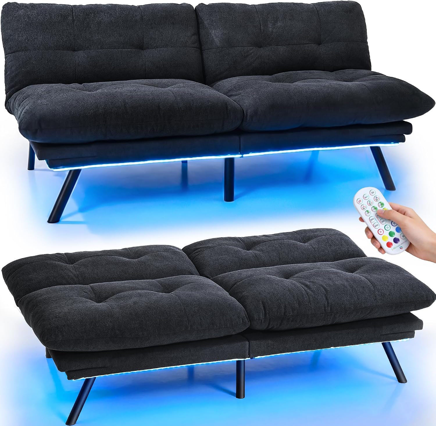 YITAHOME Convertible Futon Sofa Bed with Adjustable 3 Color Light Strip, 70' Folding Futon Set for Living Room Home Office Aprtment, Modern Futon Couch with Adjustable Backrest & Armrests, Black