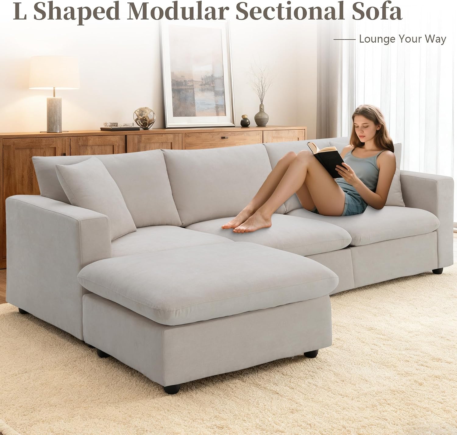 Tmsan 100.4' Beige Cloud Couches for Home Living Room Sofa Set, Modern L Shaped Sectional Couch with Convertible Ottoman, 4 Seater Comfy Polyester Fabric Modular Sofa for Apartment Bedroom Office