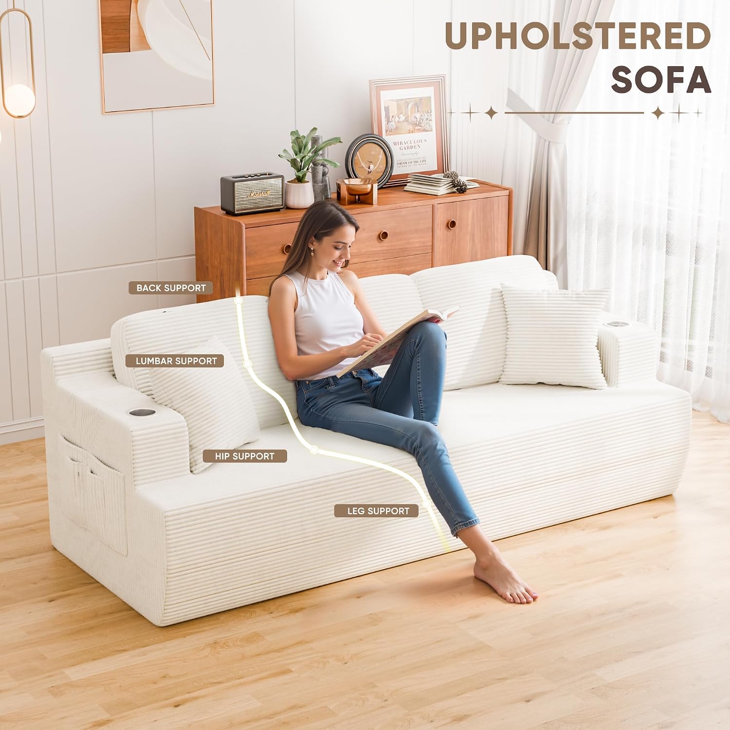 Homall 87' Boneless Sofa Couch with 2 Pillows Extra Deep Seats, Corduroy Fabric 3 Seater with Cup Holder & Storage Pocket Upholstered Floor Easy Installation (White, 3 Seater)