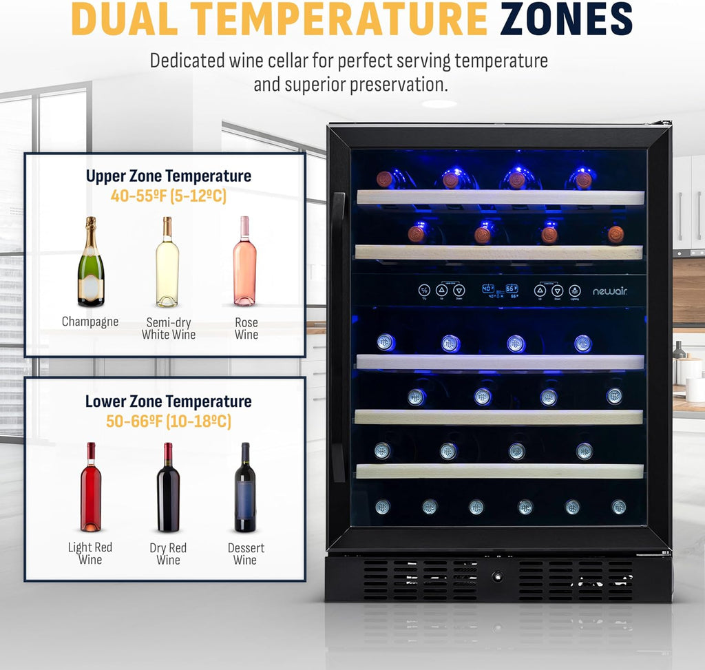 NewAir 24' Dual Zone Wine Fridge for 46 Bottles | Built-In or Freestanding Wine Cooler Refrigerator with Glass Door | Quiet Cooling & Adjustable Shelves for Red and White Wine | Black Stainless Steel