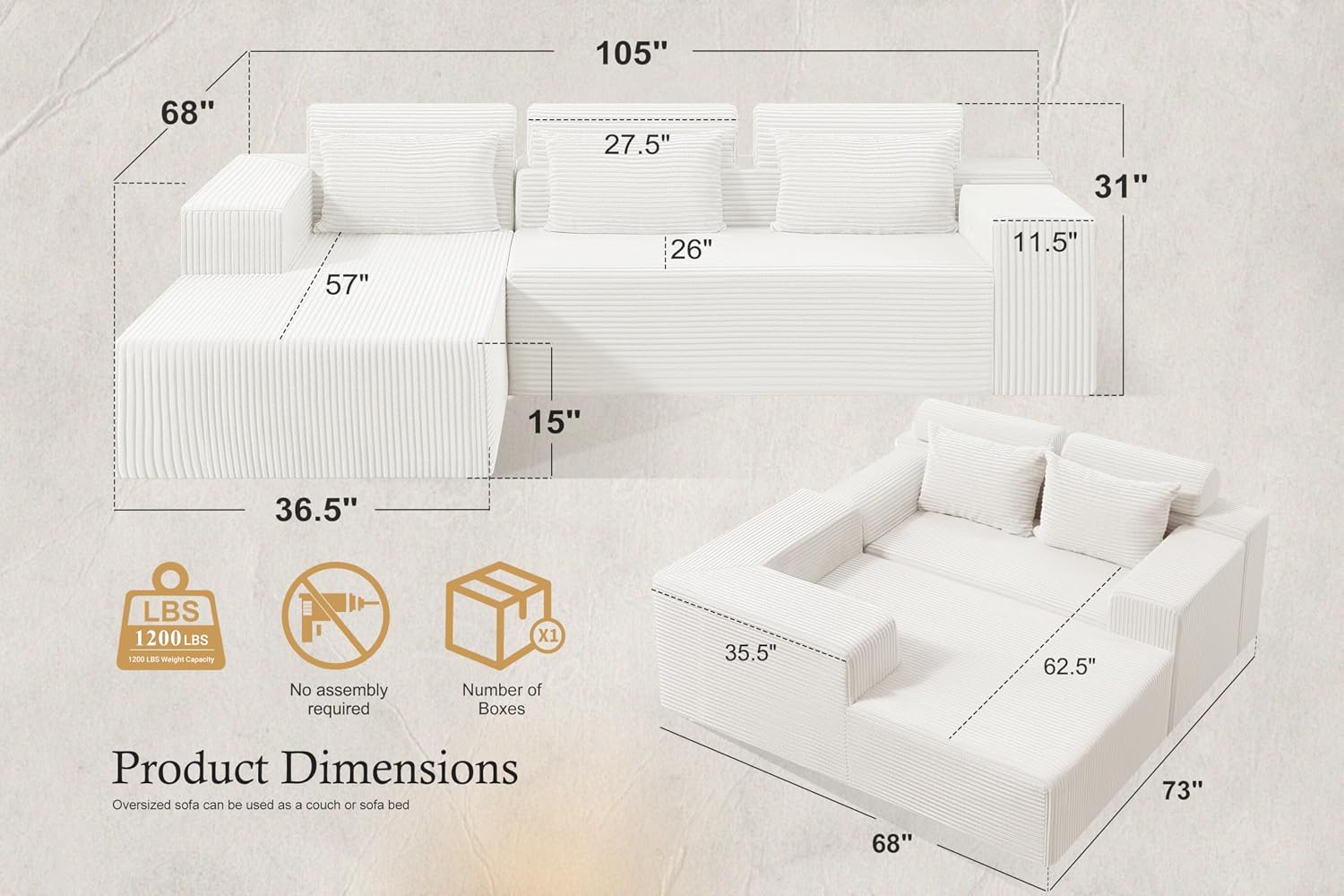 HABUTWAY Sectional Couches for Living Room,No Assembly L Shaped Couch 105' Modular Sectional Sofa Couch with Deep Seat,Cloud Couches Furniture Sets for Apartment,Corduroy (Beige, Left Facing)