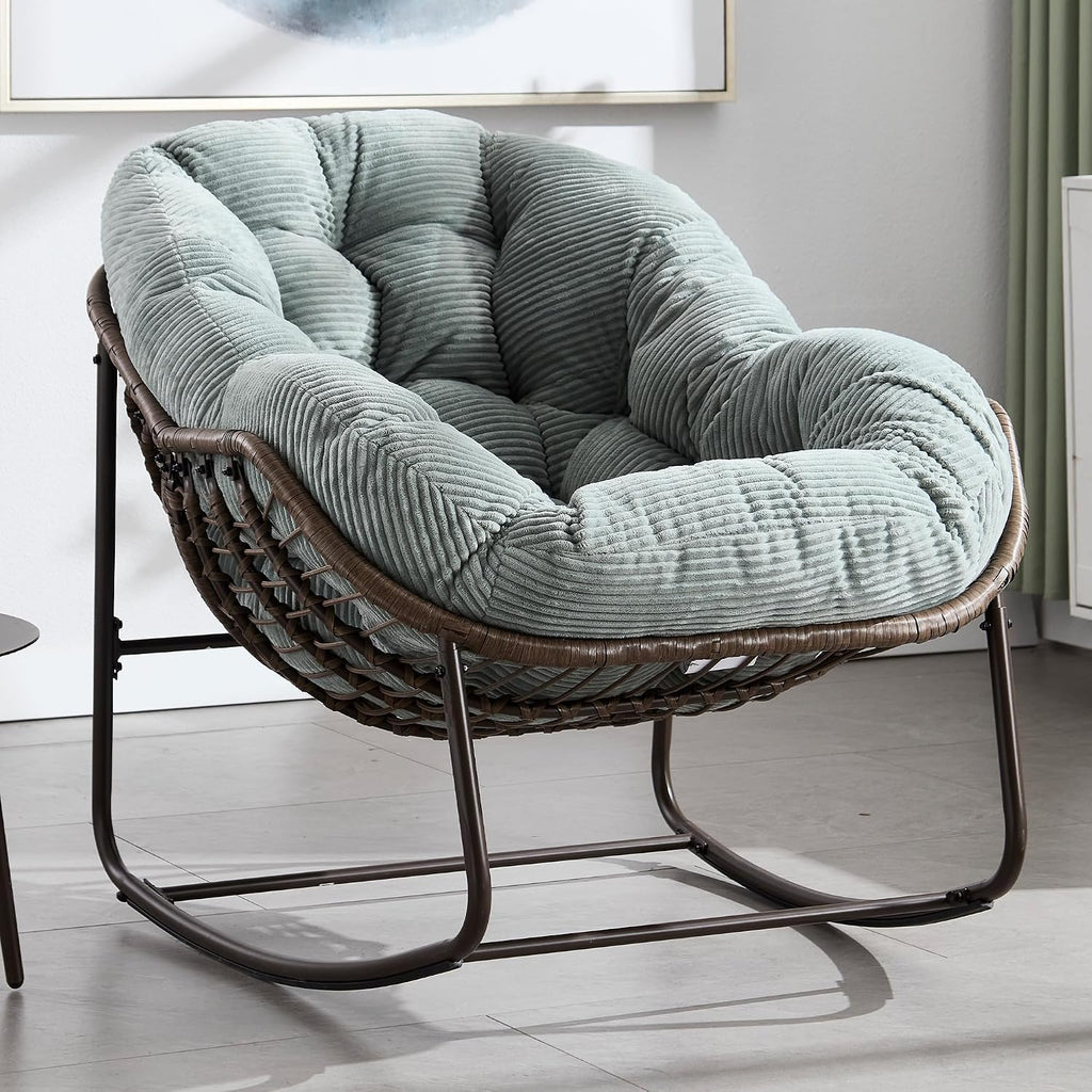 HOMEFUN Outdoor Patio Rocking Chairs, Oversized Papasan Rock Chair Indoor with Striped Velvet Padded Cushion - Rocker Egg Seat for Front Porch, Garden, Patio, Backyard Green