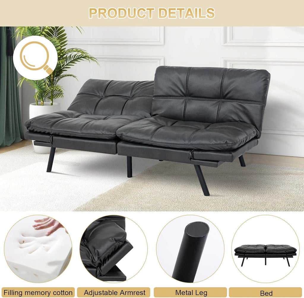 MUUEGM Futon Convertible Sofa Bed, Memory Foam Sleeper Couch,Modern Loveseat for Living Room,Adjustable Armrests Backrest Sofabed,Matte Black,Faux Leather.