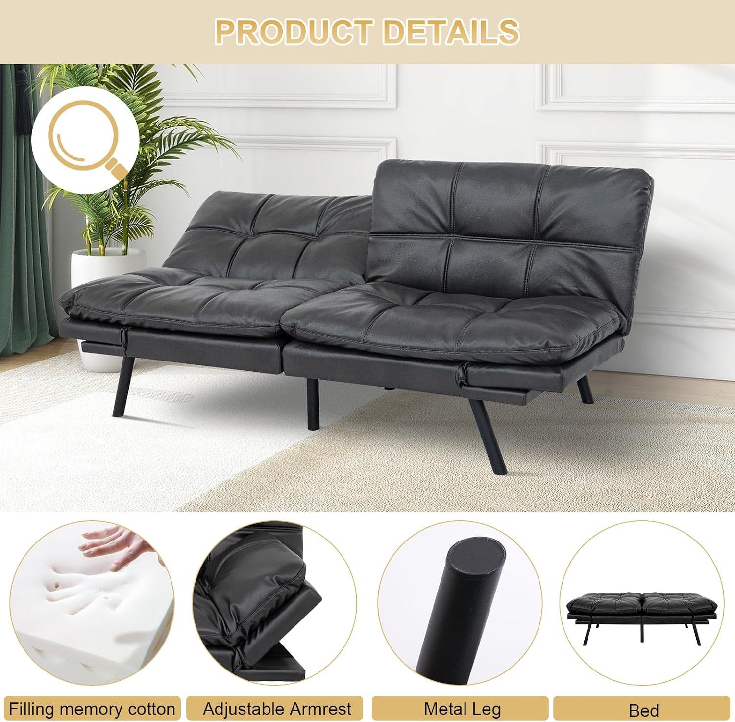 MUUEGM Futon Convertible Sofa Bed, Memory Foam Sleeper Couch,Modern Loveseat for Living Room,Adjustable Armrests Backrest Sofabed,Matte Black,Faux Leather.