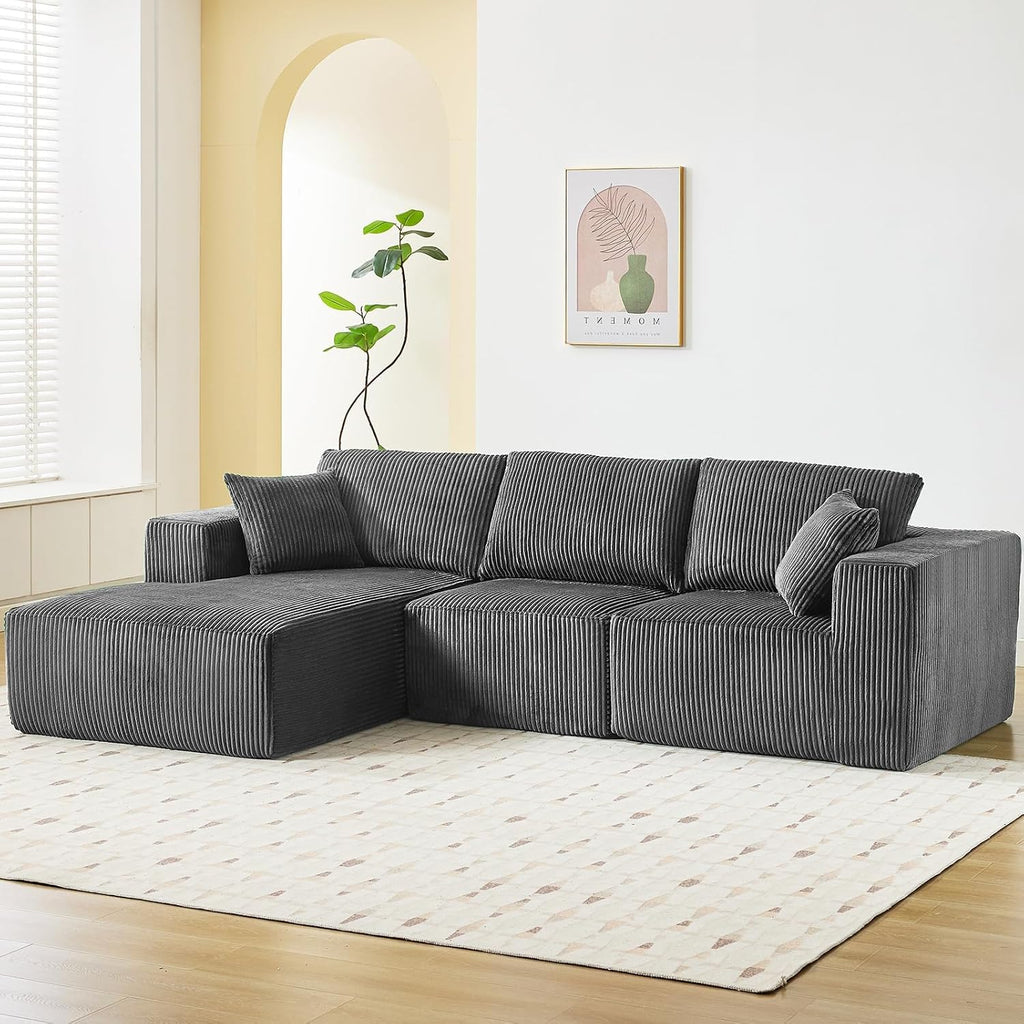 Garvee Boneless Cloud Couch 108' Sectional Modern Comfy l-Shape Convertible Compression Sleeper Modular Sofa with Corduroy Fabric Deep Seat Loveseat + Chaise for Living Room No Assembly Required