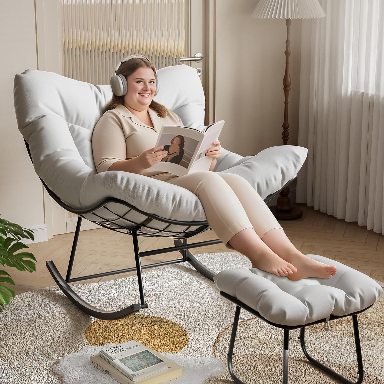 CuisinSmart Patio Rocking Chair, Outdoor Oversized Papasan Rocking Chair with Ottoman, 450lb Capacity, All-Weather PE Rattan Egg Rocker for Porch, Backyard, Balcony