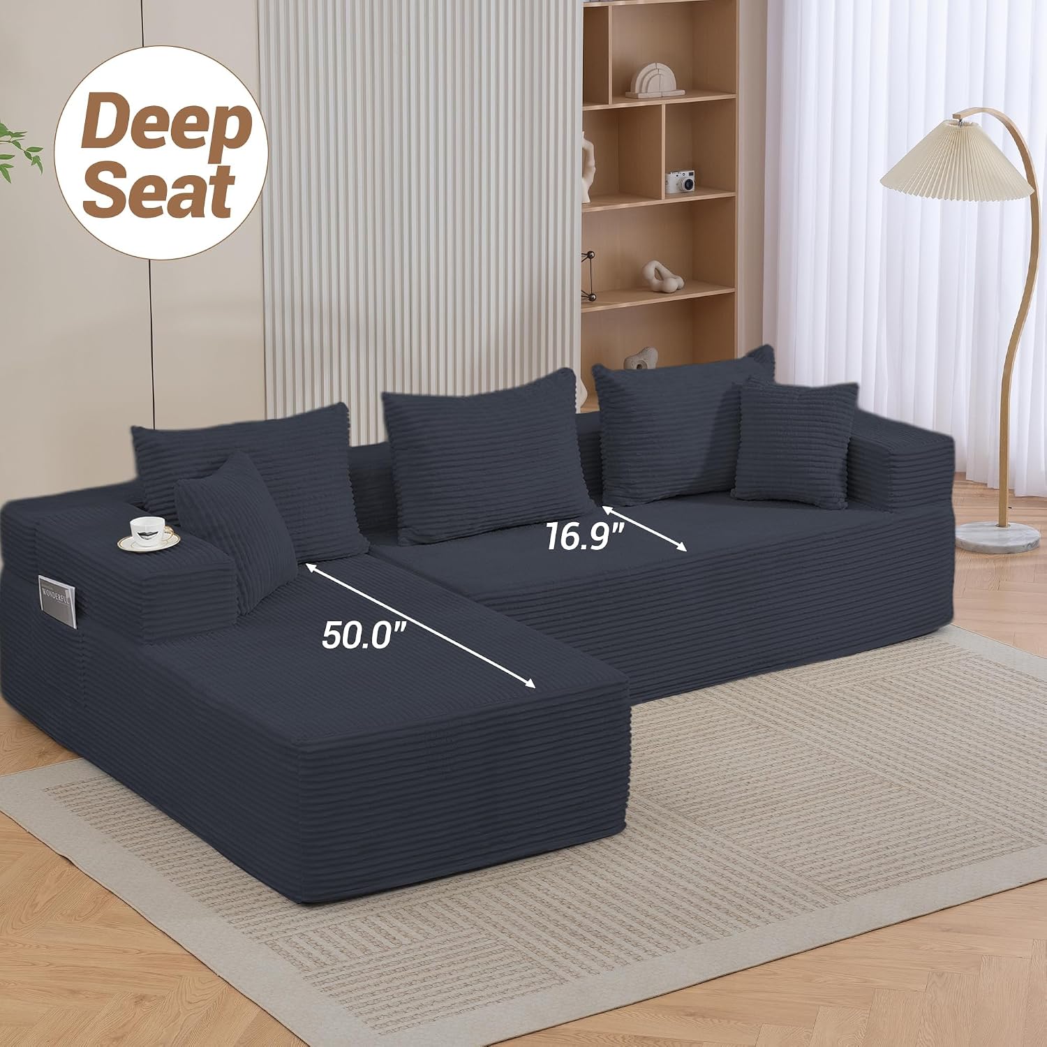 105'' Modular L-Shaped Boneless Sectional, Corduroy Deep Seat Cloud Sectional Couch, Small Space Sofa for Apartment Living Room Bedroom, No Assembly, Black