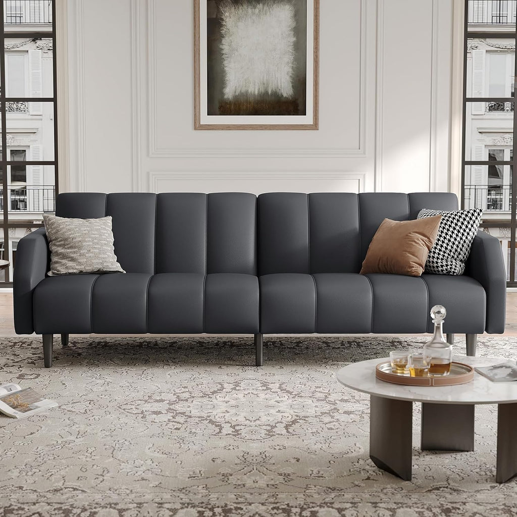 COPIAE Faux Leather Sofa Bed, 78' Futon Sofa Bed, Adjustable Futon Set Backrest, Sleeper Sofa Couch, Modern Decor Love Seat Couches, Upholstered Couch for Living Room, Bedroom, Dark Gray