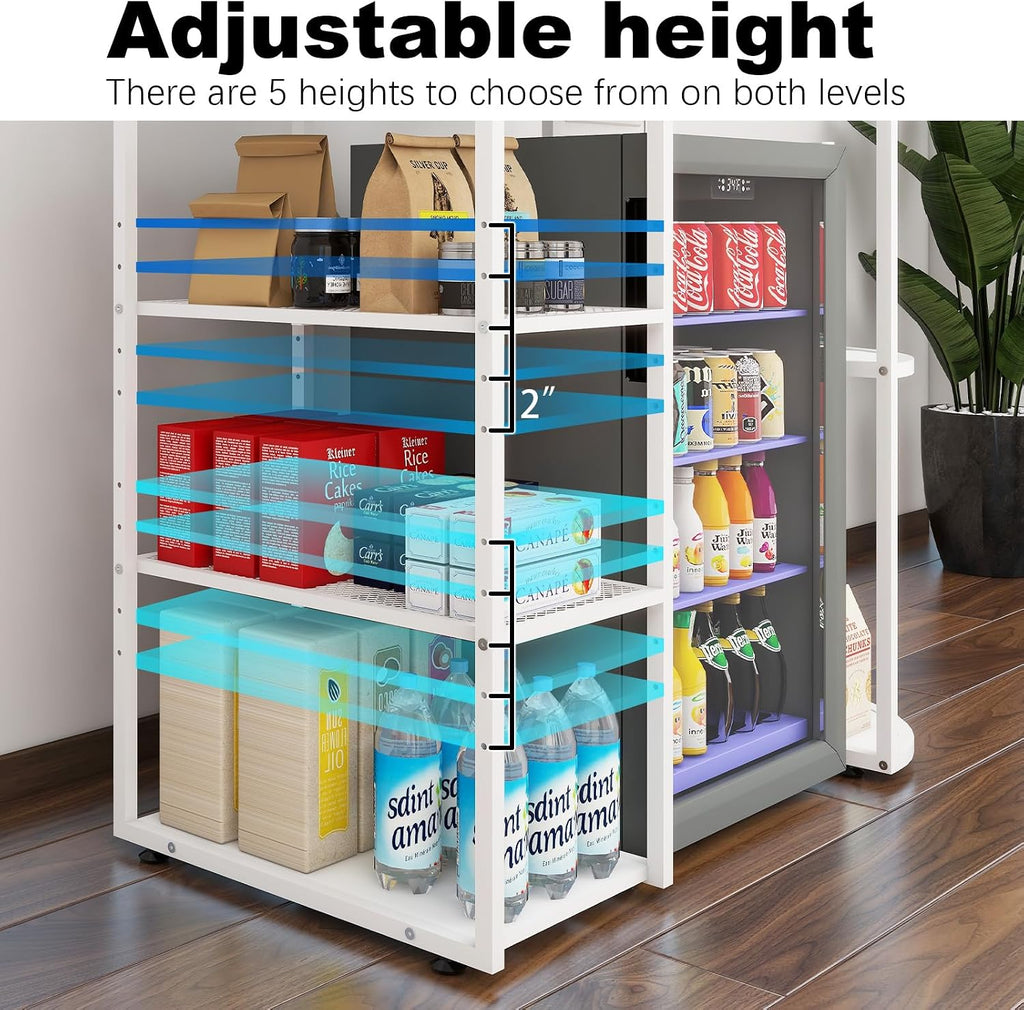 PUNCIA Mini Fridge Stand with Power Outlet, Coffee Bar Cabinet with Refrigerator Space, Microwave Oven Stand & Utility Storage Shelf for Kitchen, Dorm, Apartment & Break Room (White)
