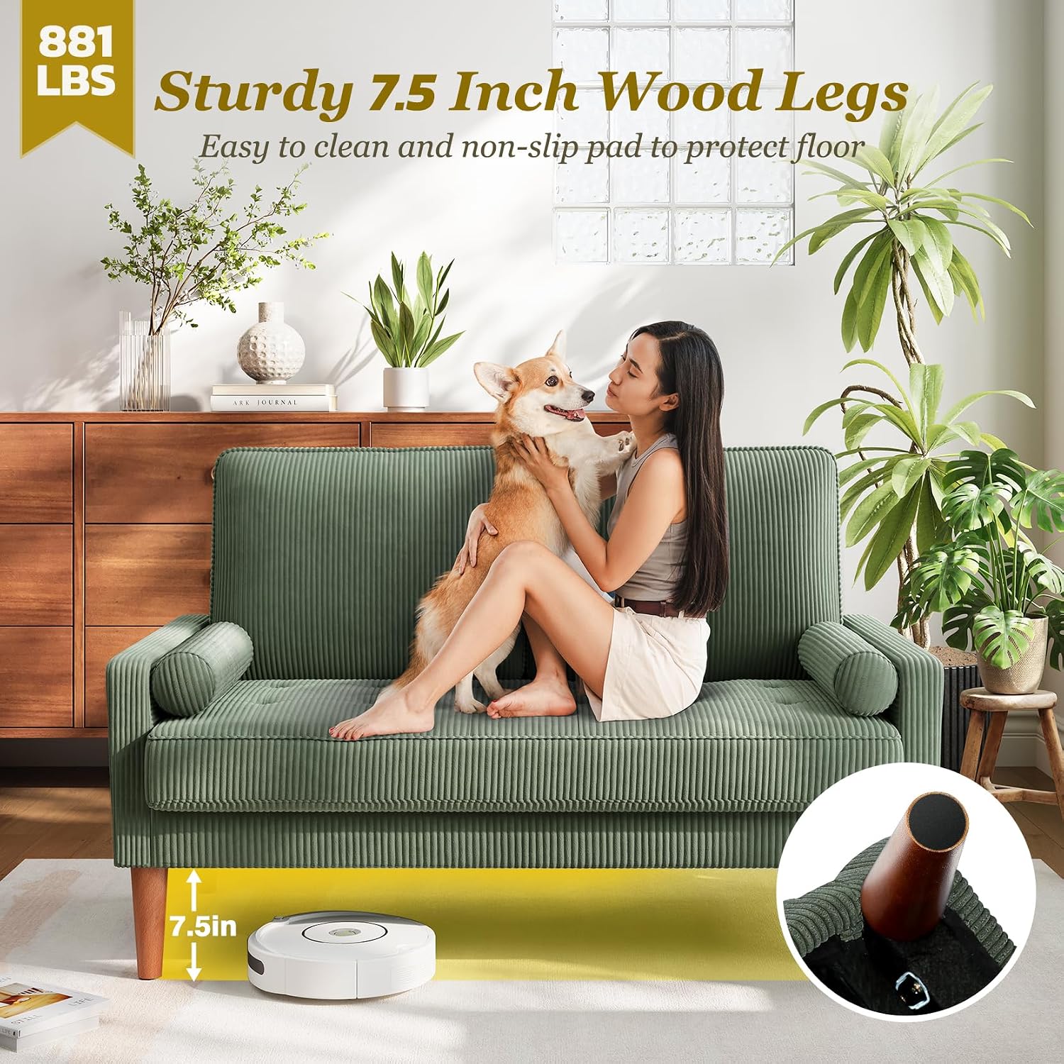 Vesgantti Loveseat Sofa with Solid Wood Legs,48' Small Corduroy Couches for Small Spaces, Mid Century Modern Love Seat for Living Room, Bedroom, Easy Assembly with Throw Pillow, Green