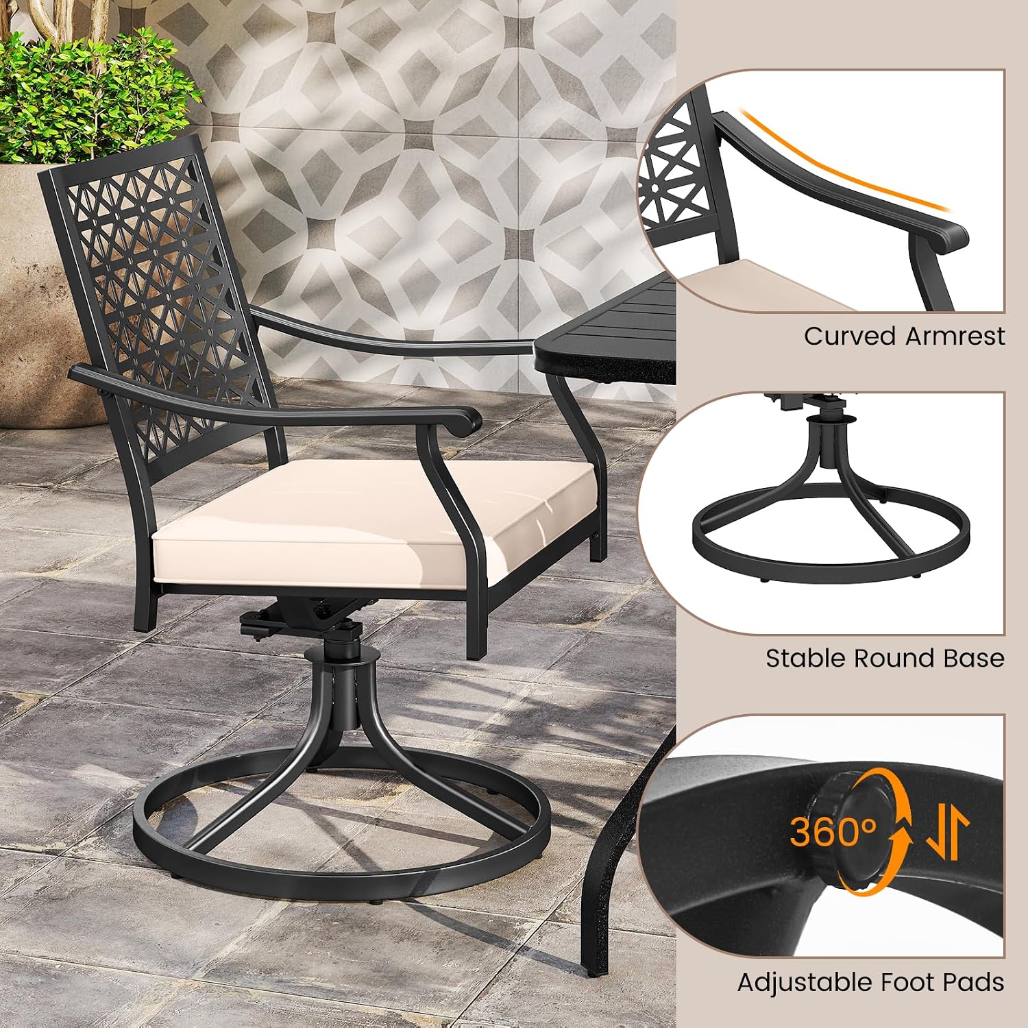 Giantex 4 Pieces Swivel Outdoor Chairs, Set of 2 Patio Dining Rocking Chairs with Soft Cushions, Round Steel Base, Porch Garden Backyard Lawn Poolside Beige