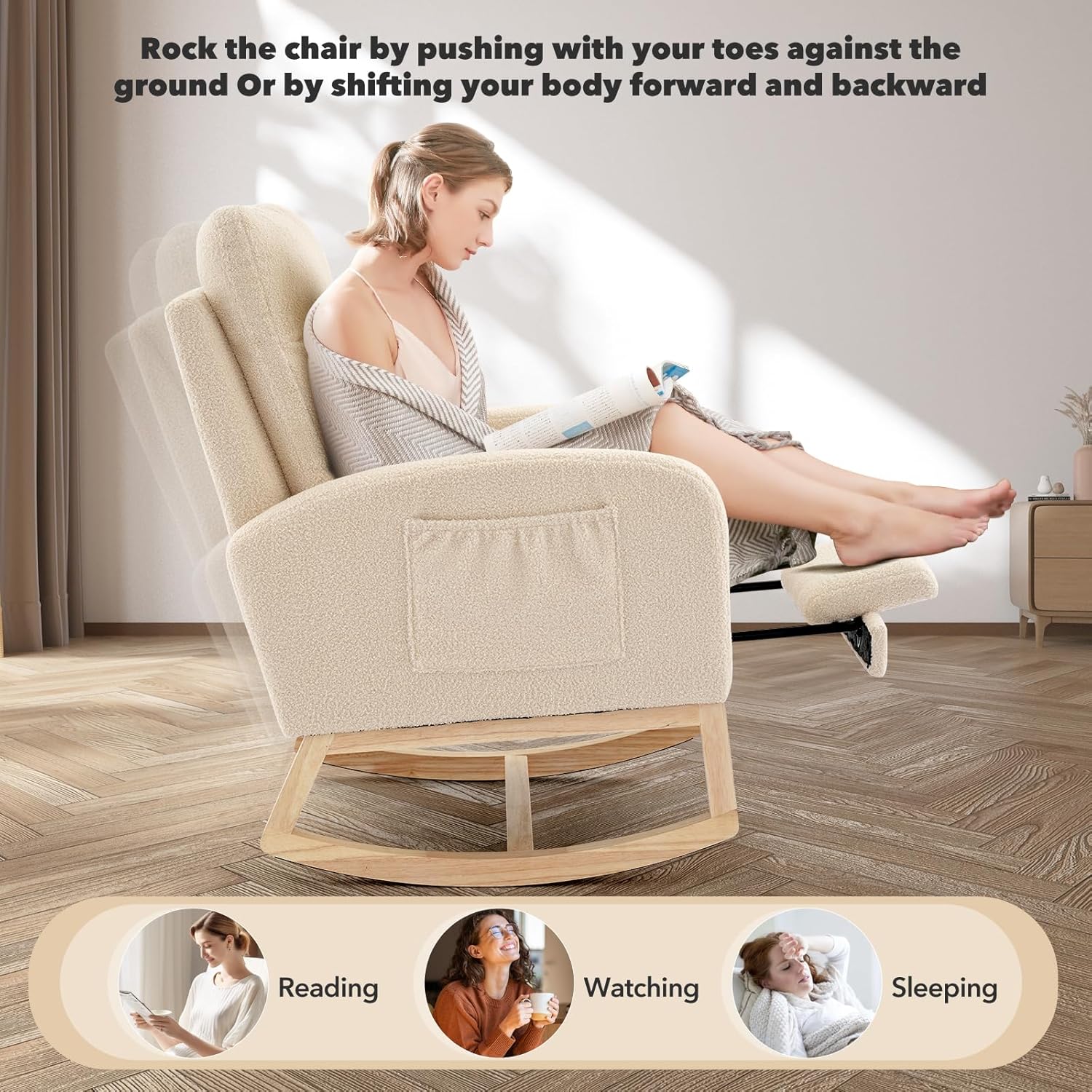 Modern Nursery Rocking Chair, Teddy Upholstered Rocking Chair with Footrest, Comfortable Rocker Recliner with Side Pocket, Rocker Glider for Living Room, Bedroom, Nursing Room